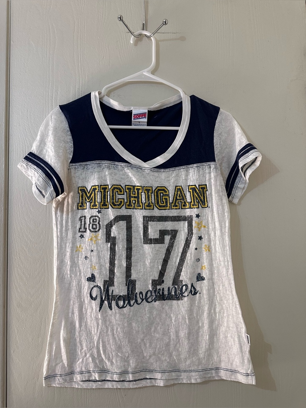 Soffe Michigan Wolverines Juniors size L White Navy  Burnout Football Jersey